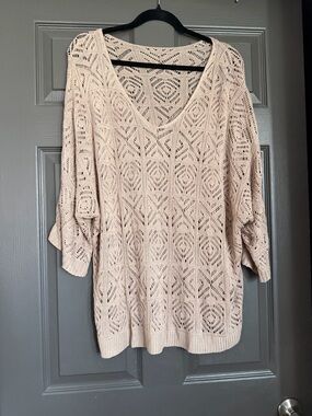 Beige Open-Knit V-Neck Sweater